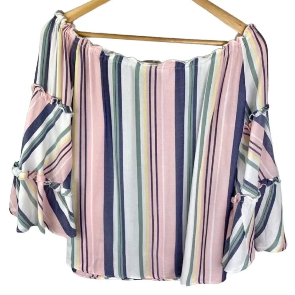Drew size medium pink blue stripe bell sleeve off shoulder top